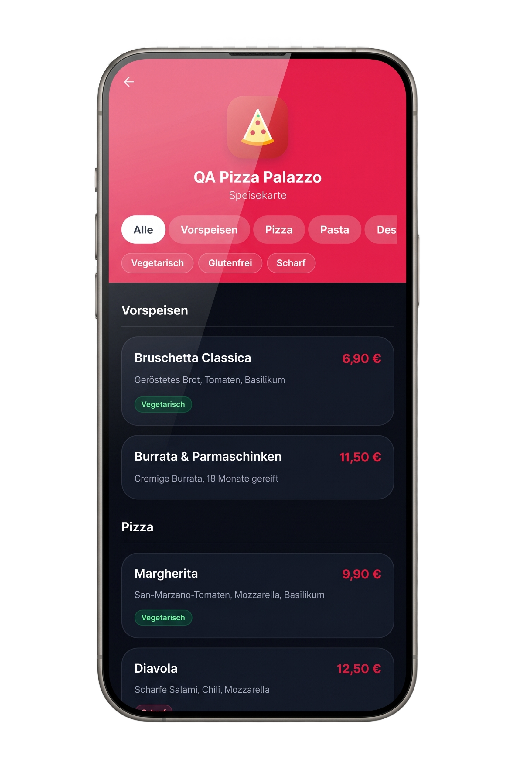 Digitale Speisekarte und Leistungsübersicht im Smartphone
