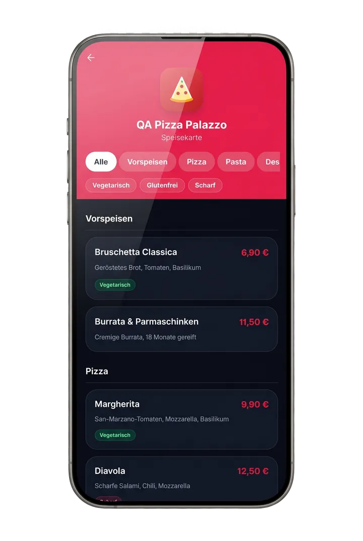 Digital menu and service overview on a smartphone