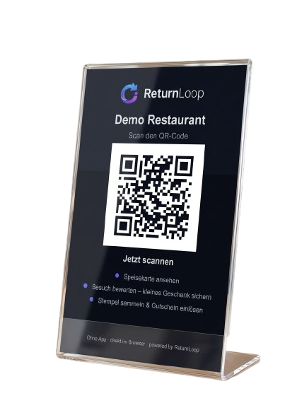 ReturnLoop Tischaufsteller mit QR-Code auf einem Tisch im Restaurant