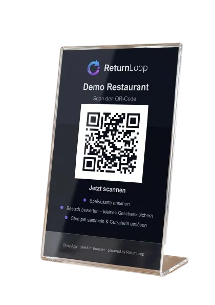ReturnLoop table tent with QR code on a restaurant table